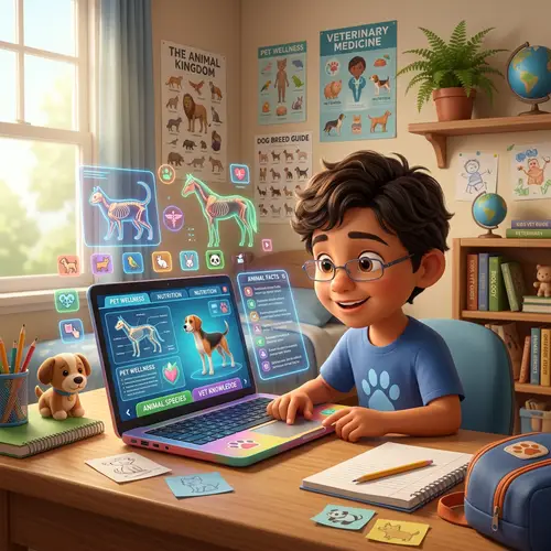 Hispanic Child Operating Laptop Explores Veterinary World
