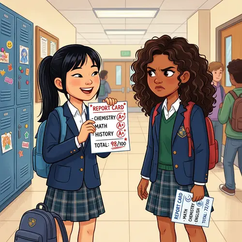 Schoolgirls Illustration: Joy vs Jealousy in Grades Comparison