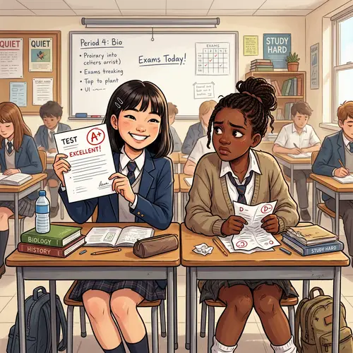 Diverse Classroom Illustration with A+ Grade and Jealousy