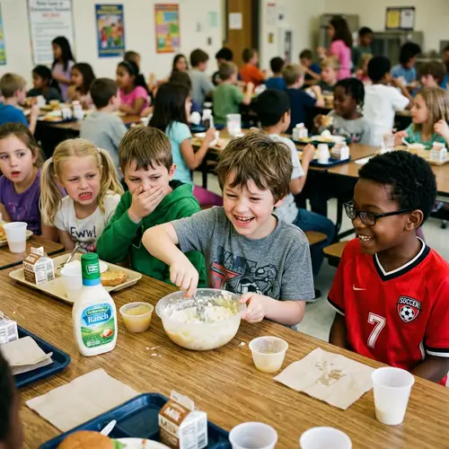 Funny Boy Mixing Sauces in Cafeteria