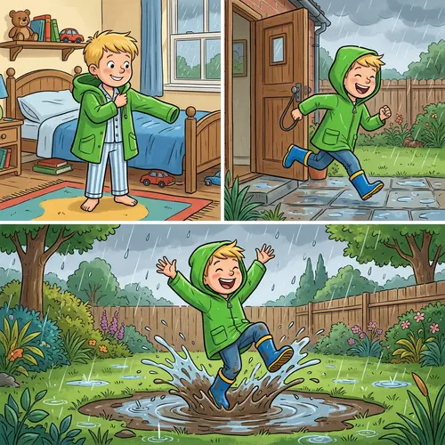 Fun Cartoon Images of a Boy in a Green Raincoat