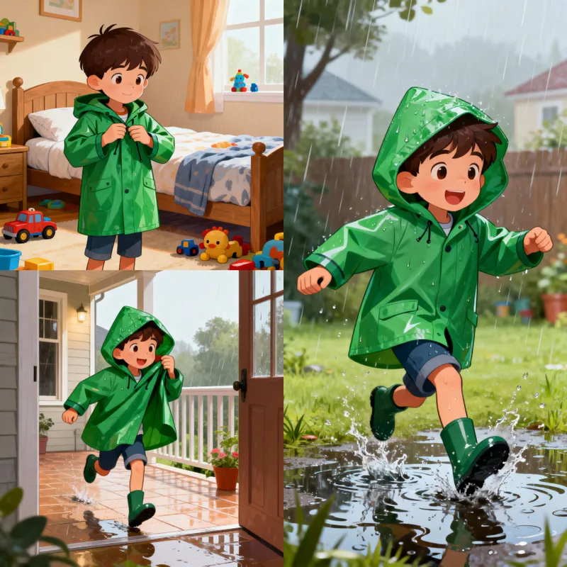 Fun Cartoon Images of a Boy in a Green Raincoat