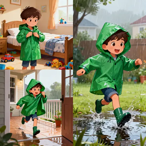 Fun Cartoon Images of a Boy in a Green Raincoat
