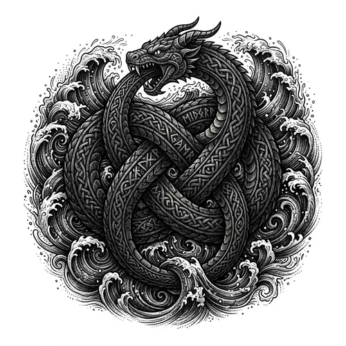 Viking Jörmungandr Tattoo Design with Tumultuous Water