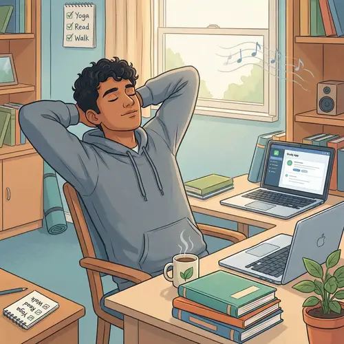 Serene South Asian Male Student Managing Stress Through Study
