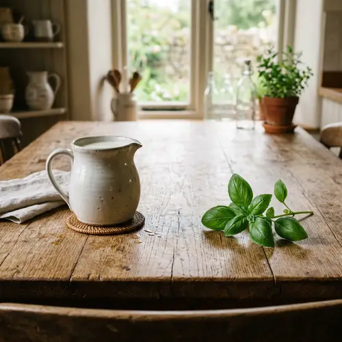 Wooden Table with Jug of Milk and Basil