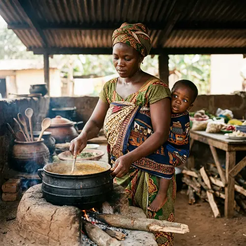 Ghanaian Mother Cooking with Child in Traditional Kanga Wrap