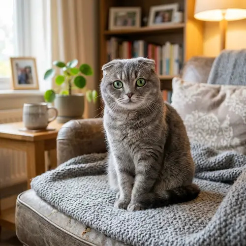 Scottish Fold Cat with Distinct Folded Ears and Grey Fur