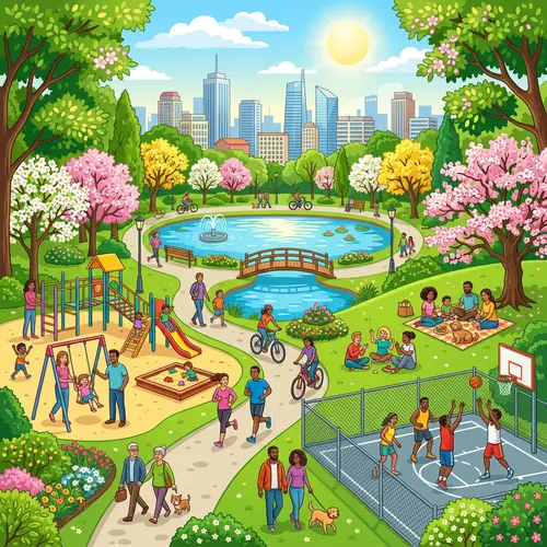 Colorful City Park Illustration with Diverse Activities | Park Scene