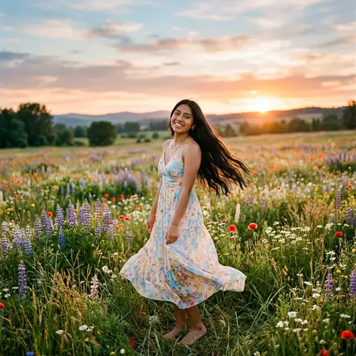 Beautiful Hispanic Girl in Sunlit Field with Long Black Hair
