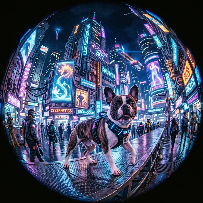 Vibrant Fisheye Cyberpunk French Bulldog in Futuristic City