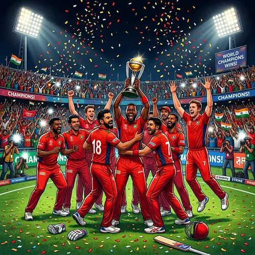 Jubilant Multicultural Cricket Team Celebration on Floodlit Pitch