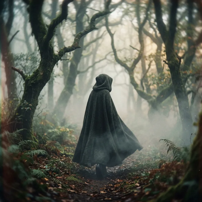 Mysterious Figure Moving Gracefully Through Dreamlike Forest Mysterious Figure Moving Gracefully Through Dreamlike Forest