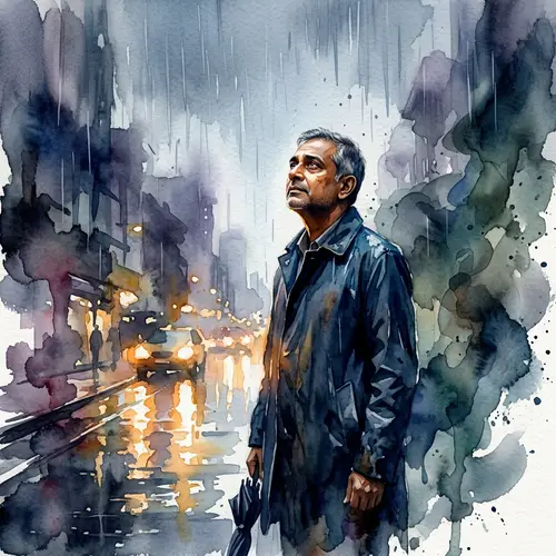 Surreal Watercolor Painting of South Asian Man in Cityscape