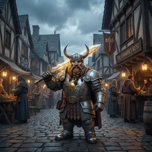 Dwarf Paladin in Medieval Fantasy Scene - Dungeons and Dragons Inspired