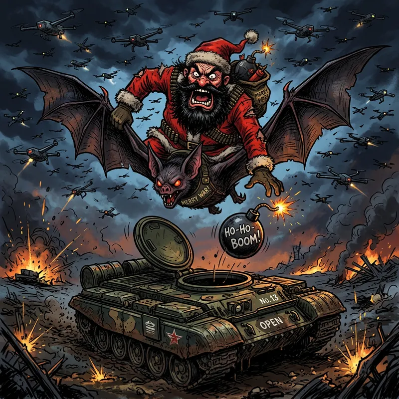 Dark Sky Showdown: Angry Santa Drops Bomb on Tank from Bat