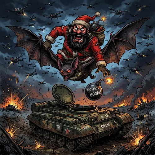 Angry Santa Dropping Bomb from Bat onto Tank in Caricature Style