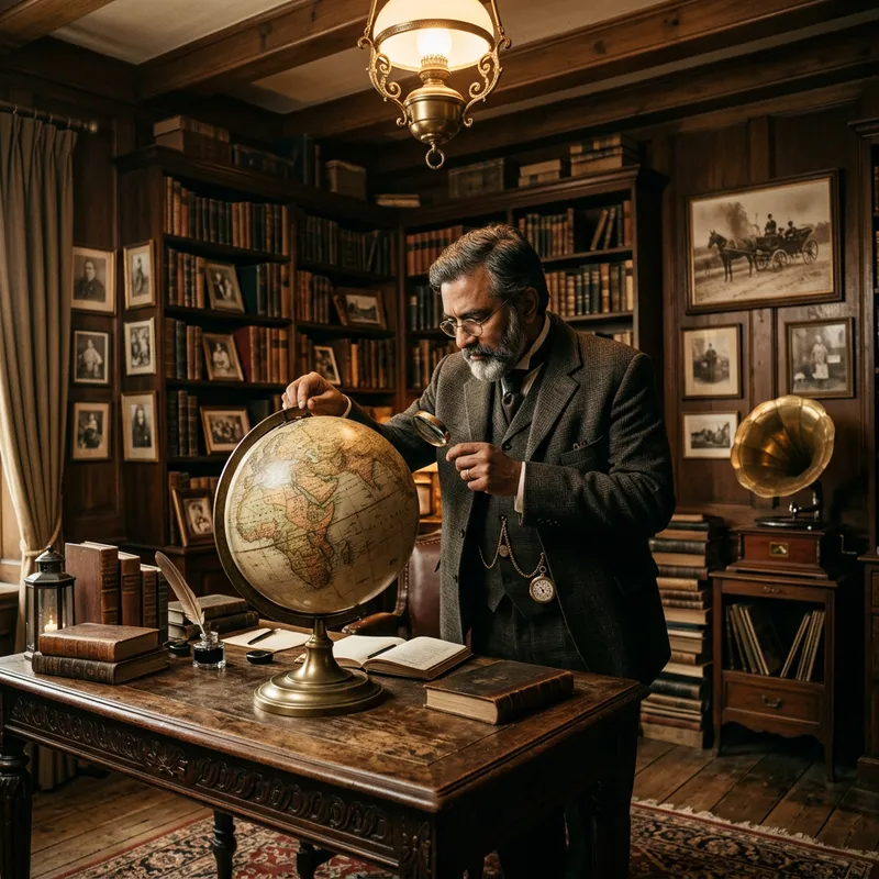 History and Vintage: South Asian Man in Victorian Suit with Antique Globe
