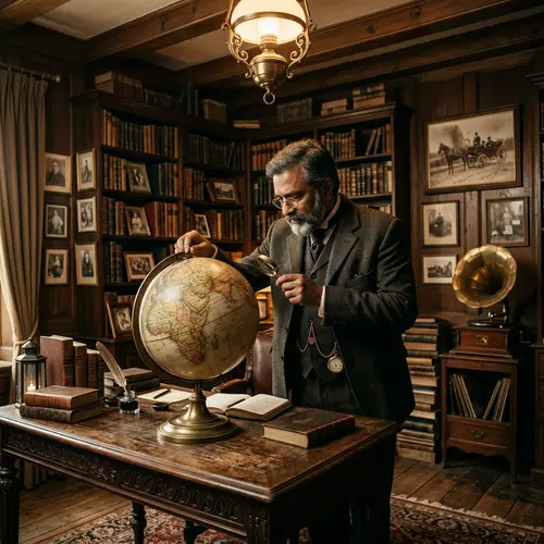 Historical Vintage Scene: South Asian Man in Victorian Suit Examining Antique Globe