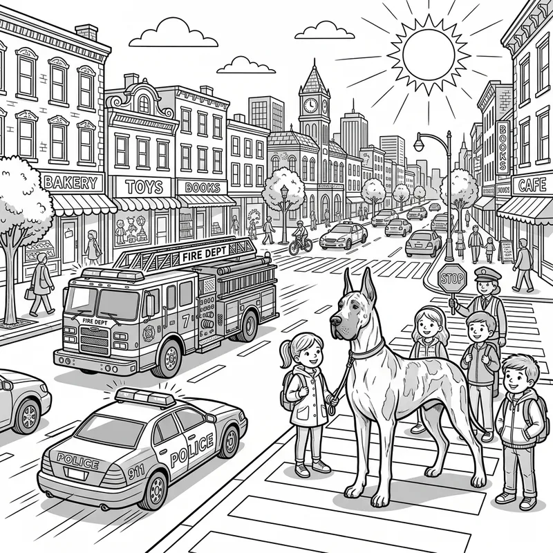 Children's Coloring Page: Lively City Scene with Great Dane, Police Car, and Fire Engine