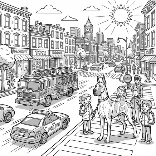 Children's Coloring Page: Great Dane at Crosswalk with Police Car and Fire Engine