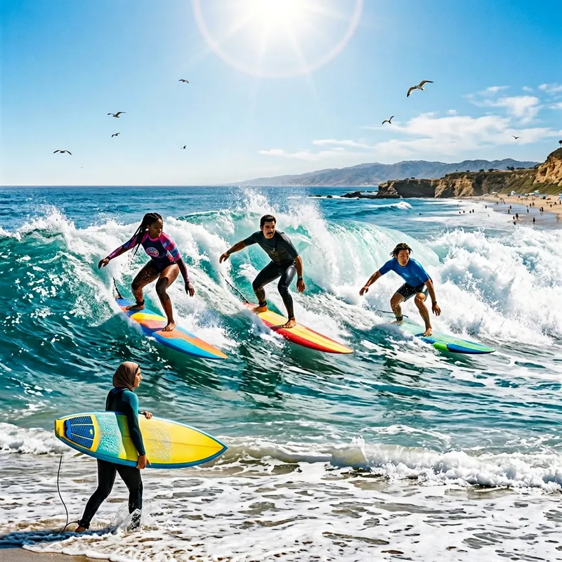 Vibrant Surfing Scene | Diverse Surfers Catching Colorful Waves