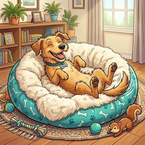 Playful Dog on Luxurious Round Dog Bed Illustration
