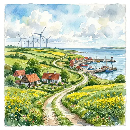 Denmark Watercolor Art: Landscape with Danish Cottages & Wind Turbines
