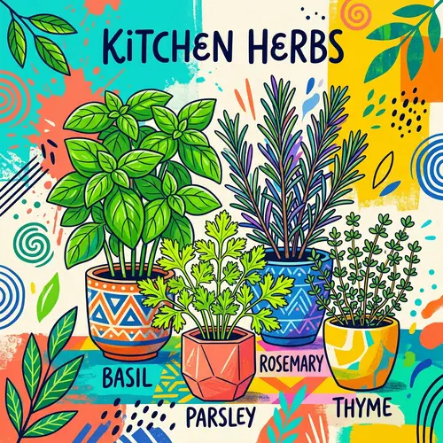Modern Kitchen Herbs Art: Basil, Rosemary, Parsley & Thyme