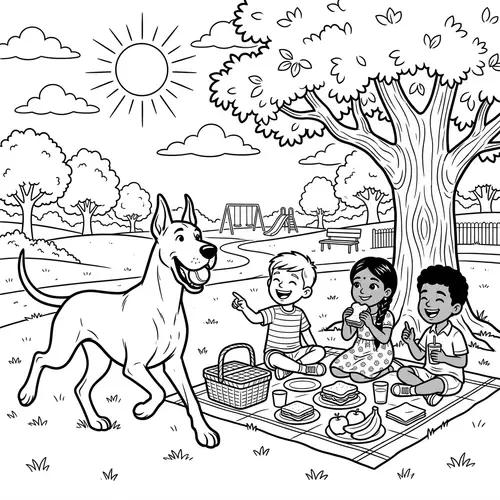 Monochrome Great Dane Playing Fetch in Park - Coloring Book Sketch