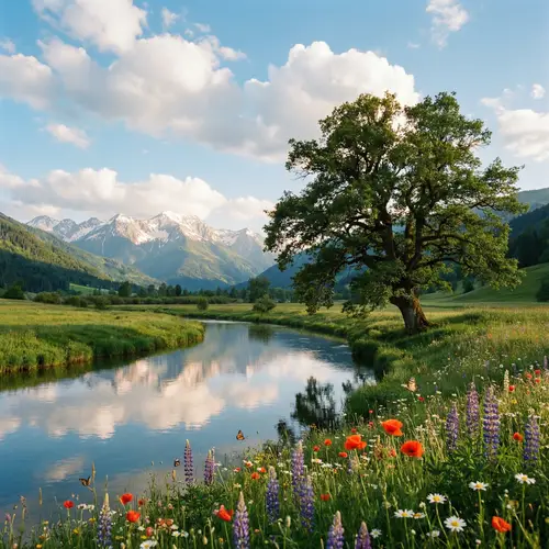 Tranquil River Valley Landscape with Majestic Mountains | Serene Nature Scene
