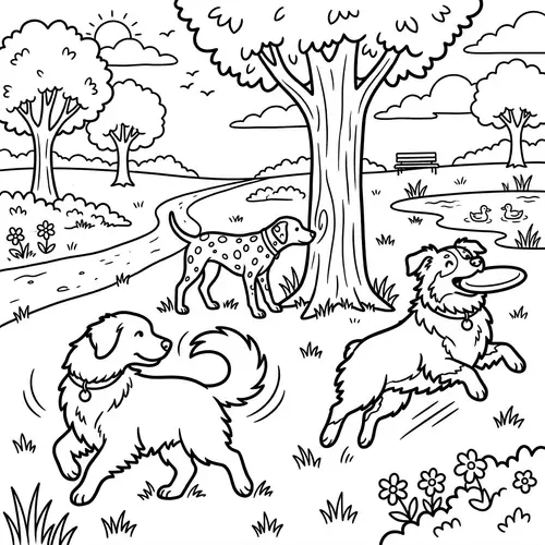 Playful Dogs Coloring Page for Kids - Fun Dog Breeds to Color