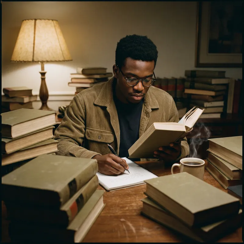 Dedicated Law Student Studying Late Night with Books and Coffee