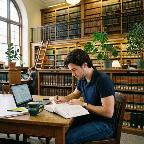 Law Student Studying in Library Surrounded by Books