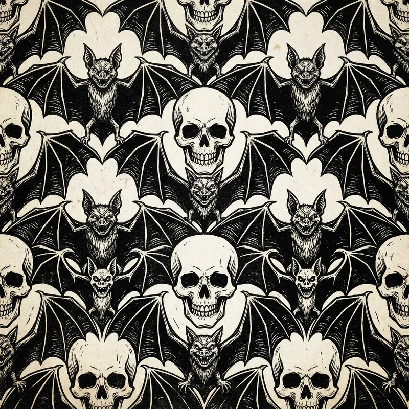Creepy Black and White Bat & Skull Tessellation Art