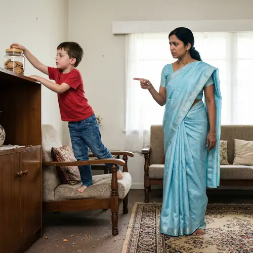 Disobedient Son and Concerned Mother in Living Room