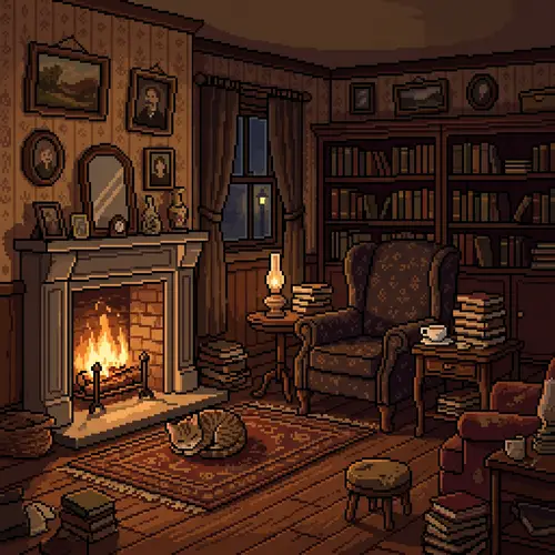 Charming Victorian Parlor with Cat and Fire