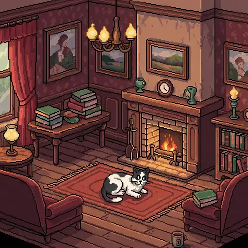 Charming Victorian Parlor with Cat and Fire