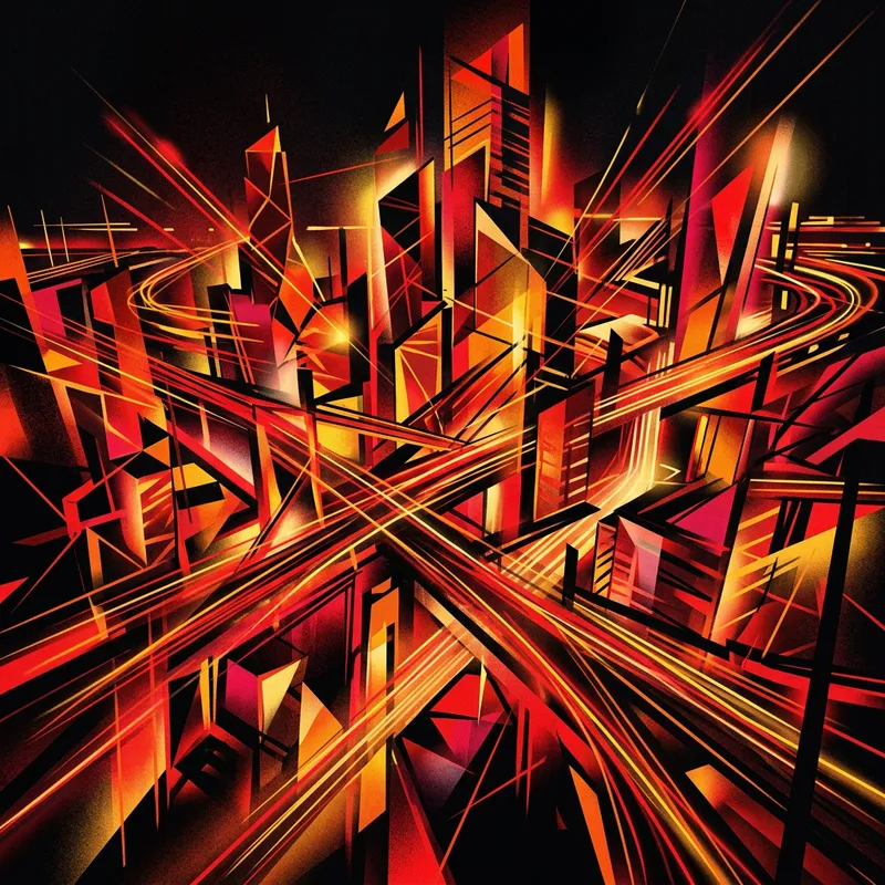 Vibrant Cityscape: Abstract Shapes & Fiery Colors Vibrant Cityscape: Abstract Shapes & Fiery Colors