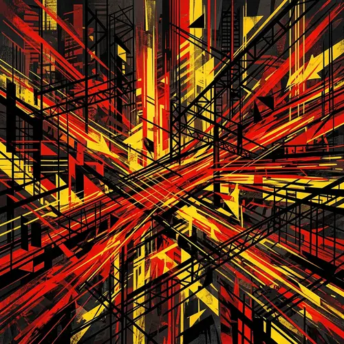 Dynamic City Life Abstract Art in Red, Yellow, Black