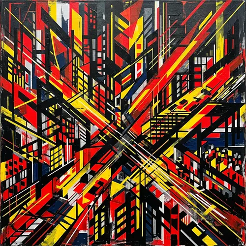 Vibrant City Life: Abstract Composition with Geometric Shapes