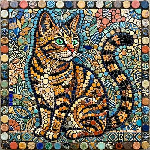 Unique Mosaic Cat Art: Circular Tiles