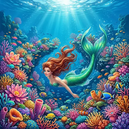 Surreal Underwater Mermaid Scene with Vibrant Coral Reef