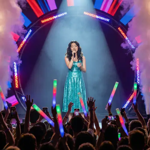 Passionate Asian Teenage Girl Singing on Vibrant Stage