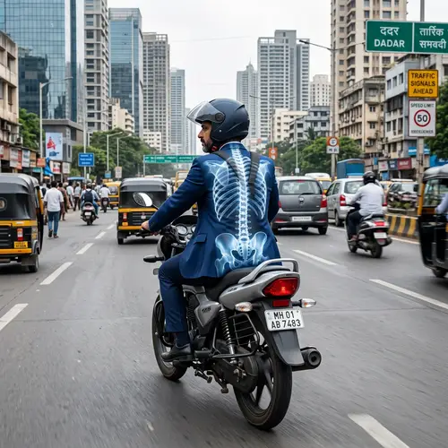 Middle-aged Indian Man Riding 125cc Motorcycle in City | X-ray Back View