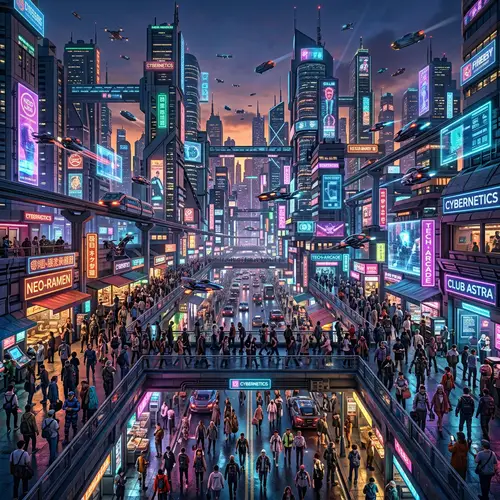 Futuristic Cityscape at Dusk: Cyberpunk Metropolis Alive