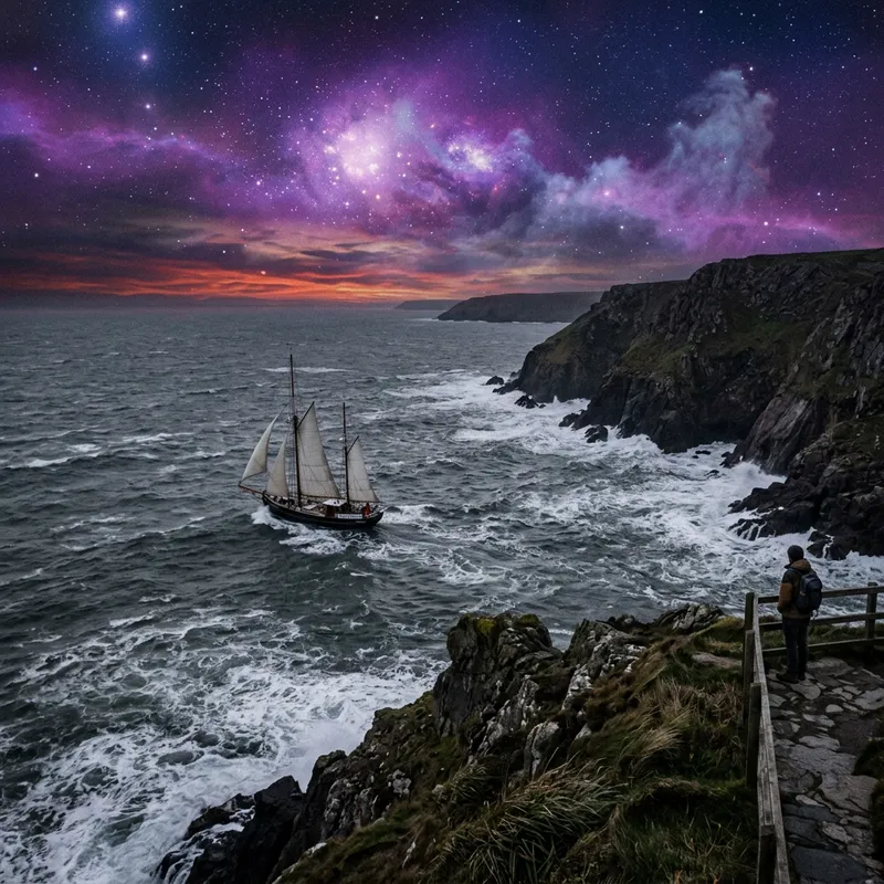 Adventurous Ketch Sailing in Dusk with Nebulae Glow | Sea Exploration Adventurous Ketch Sailing in Dusk with Nebulae Glow | Sea Exploration