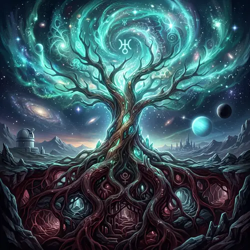 Futuristic Tree Crown and Roots with Cosmic Energy