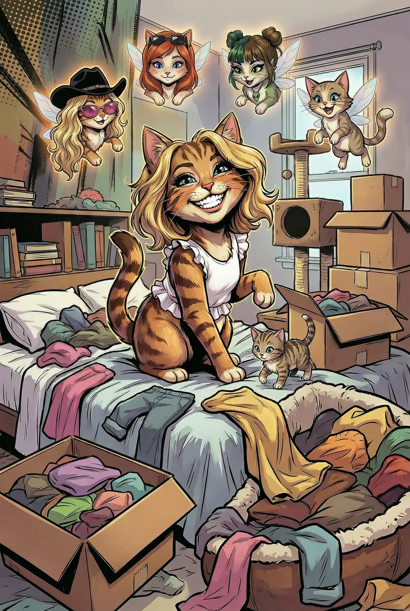 Messy Bed and Cats: A Fairy Tale Scene