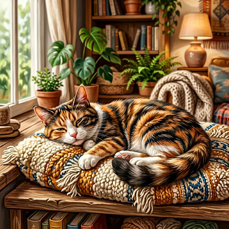 Relaxed Cat Illustration on Plush Cushion